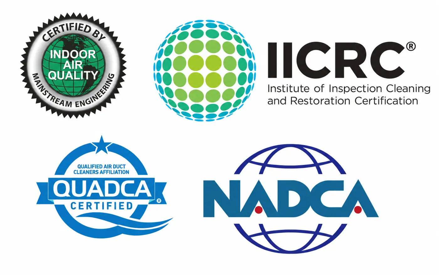 Mainstream Engineering Indoor Air Quality, IICRC, QUADCA and NADCA logos